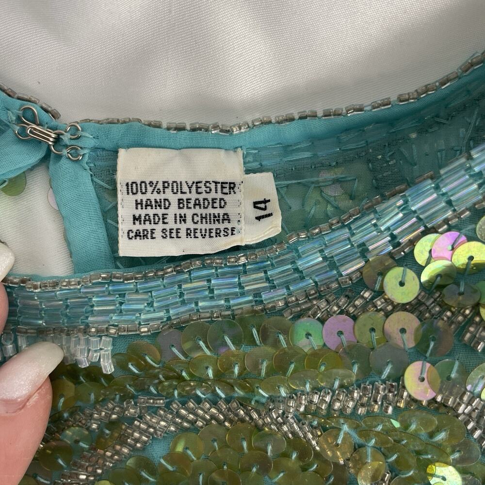 Peak Starlink Vintage Formal Dress Hand Beaded/Sequined Turquoise sz 14 2 piece - Picture 10 of 12